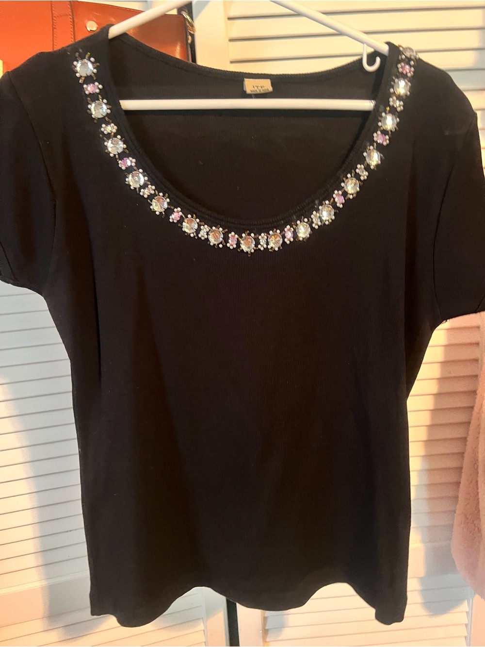Women’s ITF Black Short Sleeve Tee with Pink and Clear Jewel Neckline